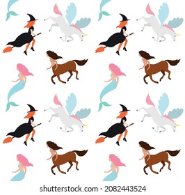 Vector seamless pattern of flat hand drawn fairy mystical characters isolated on white background