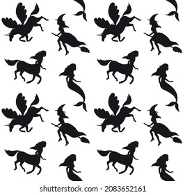 Vector seamless pattern of flat hand drawn fairy mystical characters silhouette isolated on white background