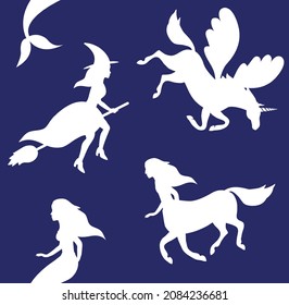 Vector seamless pattern of flat hand drawn fairy mystical characters silhouette isolated on blue background