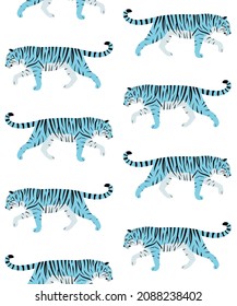 Vector seamless pattern of flat hand drawn blue tiger isolated on white background