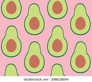 Vector seamless pattern of flat hand drawn avocado isolated on pink background