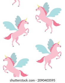Vector seamless pattern of flat hand drawn pink pegasus isolated on white background