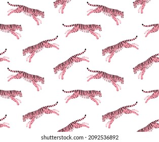 Vector seamless pattern of flat hand drawn jumping pink tiger isolated on white background