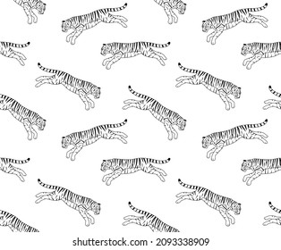 Vector seamless pattern of flat hand drawn outline jumping tiger isolated on white background