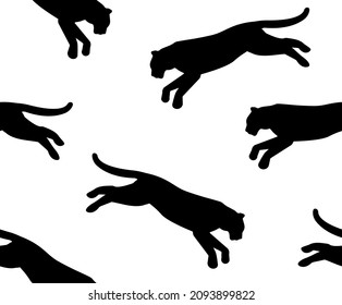 Vector seamless pattern of flat hand drawn jumping tiger silhouette isolated on white background