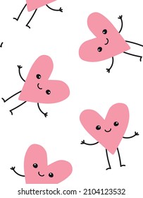 Vector seamless pattern of flat hand drawn hearts with faces isolated on white background