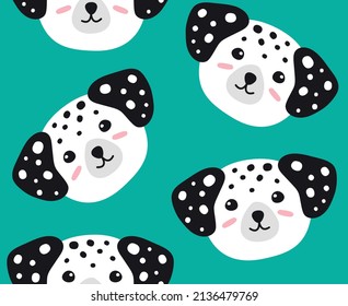 Vector seamless pattern of flat hand drawn Dalmatian dog face isolated on green background