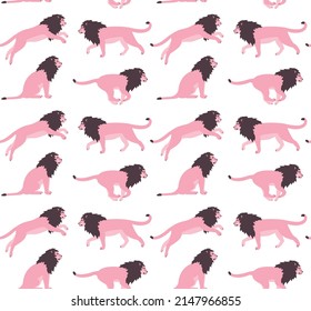 Vector seamless pattern of flat hand drawn pink lions isolated on white background