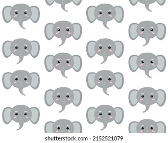 Vector seamless pattern of flat hand drawn elephant face head isolated on white background