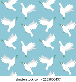 Vector seamless pattern of flat hand drawn doves of peace isolated on blue background