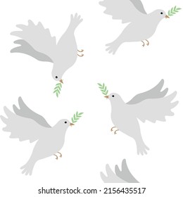 Vector seamless pattern of flat hand drawn doves of peace isolated on white background