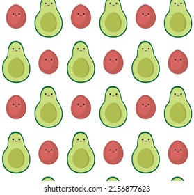 Vector seamless pattern of flat hand drawn avocado with baby seed isolated on white background