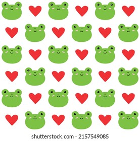Vector seamless pattern of flat hand drawn frog face with hearts isolated on white background