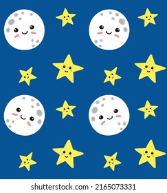 Vector seamless pattern of flat hand drawn moon and stars with face isolated on blue background
