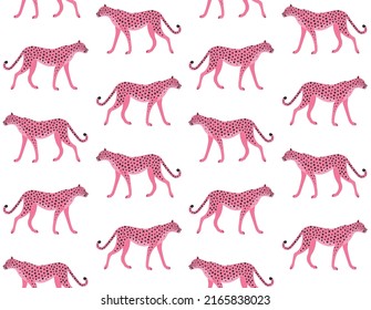 Vector seamless pattern of flat hand drawn pink cheetah isolated on white background