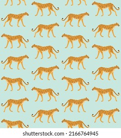 Vector seamless pattern of flat hand drawn cheetah isolated on mint background