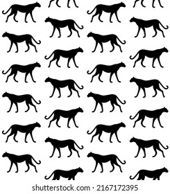 Vector seamless pattern of flat hand drawn cheetah silhouette isolated on white background