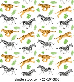 Vector seamless pattern of flat hand drawn leopard and zebra isolated on white background