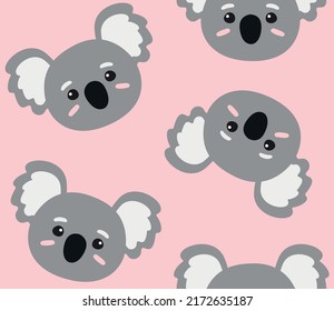 Vector seamless pattern of flat hand drawn koala face head isolated on pink background