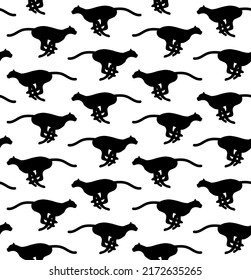 Vector seamless pattern of flat hand drawn running cheetah silhouette isolated on white background
