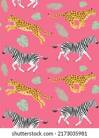 Vector seamless pattern of flat hand drawn leopard and zebra isolated on pink background