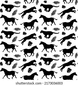 Vector seamless pattern of flat hand drawn leopard and zebra silhouette isolated on white background