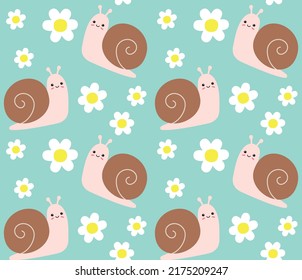 Vector seamless pattern of flat hand drawn snail and flower isolated on mint background