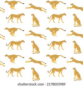 Vector seamless pattern of flat hand drawn cheetah isolated on white background