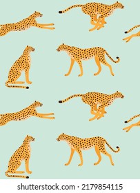 Vector seamless pattern of flat hand drawn cheetah isolated on mint background