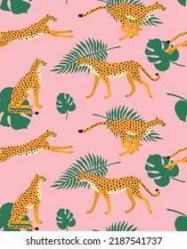 Vector seamless pattern of flat hand drawn cheetah and palm leaves isolated on pink background