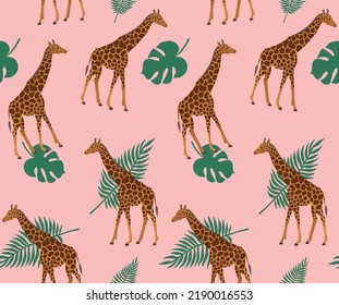 Vector seamless pattern of flat hand drawn giraffe and palm leaves isolated on pink background