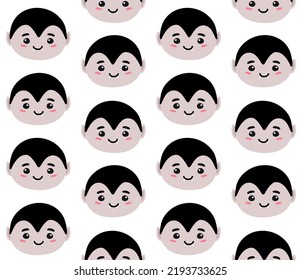 Vector seamless pattern of flat hand drawn cute vampire face isolated on white background