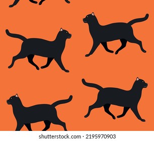 Vector seamless pattern of flat hand drawn black cat isolated on orange background