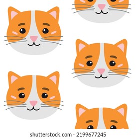 Vector seamless pattern of flat hand drawn cat face head isolated on white background