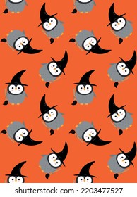 Vector seamless pattern of flat hand drawn Halloween penguin with witch hat and broom isolated on orange background
