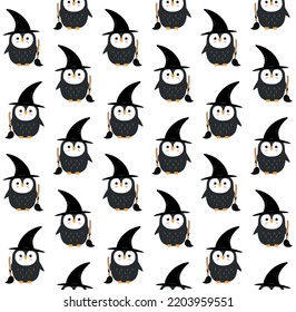 Vector seamless pattern of flat hand drawn Halloween penguin with witch hat and broom isolated on white background