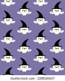 Vector seamless pattern of flat hand drawn Halloween owl in witch hat isolated on purple background