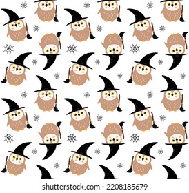 Vector seamless pattern of flat hand drawn Halloween witch owl isolated on white background