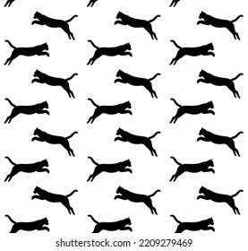 Vector Seamless Pattern Of Flat Hand Drawn Jumping Cat Silhouette Isolated On White Background