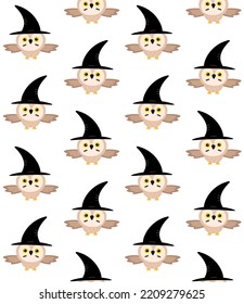 Vector seamless pattern of flat hand drawn Halloween owl in witch hat isolated on white background