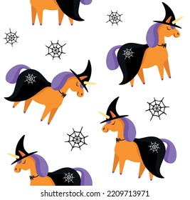 Vector seamless pattern of flat hand drawn Halloween witch unicorn isolated on white background