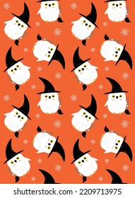 Vector seamless pattern of flat hand drawn Halloween witch owl isolated on orange background