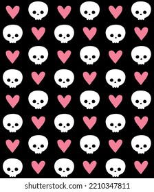 Vector seamless pattern of flat hand drawn skull and heart isolated on black background