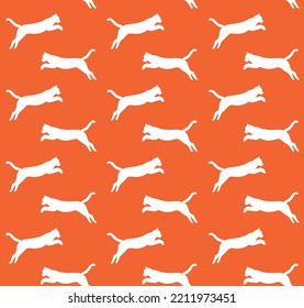 Vector Seamless Pattern Of Flat Hand Drawn Jumping Cat Silhouette Isolated On Orange Background