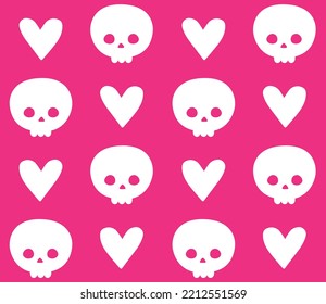 Vector seamless pattern of flat hand drawn skull and heart isolated on pink background
