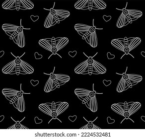 Vector seamless pattern of flat hand drawn moth isolated on black background