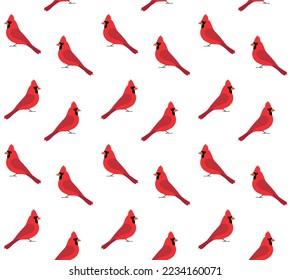 Vector seamless pattern of flat hand drawn red cardinal bird isolated on white background
