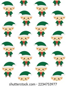 Vector seamless pattern of flat hand drawn Santa elf isolated on white background