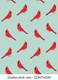 Vector seamless pattern of flat hand drawn red cardinal bird isolated on mint background