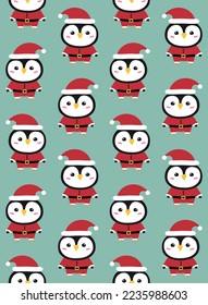 Vector seamless pattern of flat hand drawn penguin in Santa Claus isolated on mint background